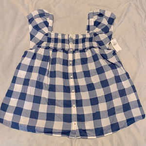 Old navy size small blue check gingham sleeveless blouse button picnic smocked
